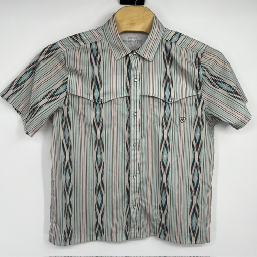 Ariat Men's Large VentTEK Western Snap Shirt Short Sleeve Blue Ikat Stripe